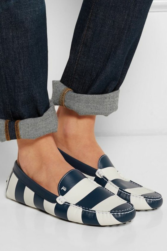 Mocassin femme bleu marine et blanc