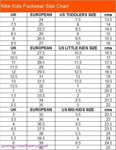 Nike sneakers size chart