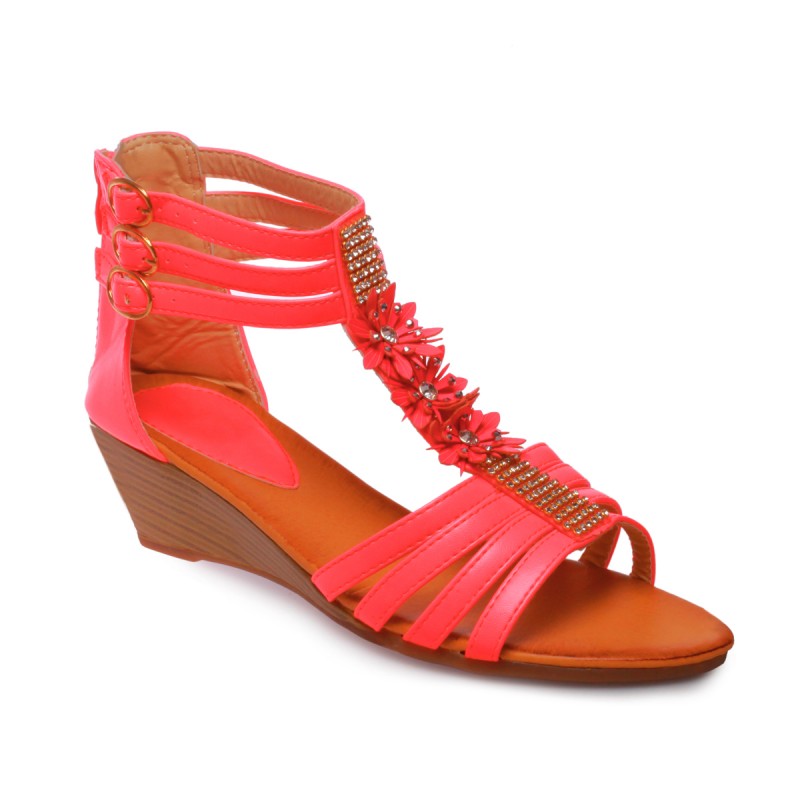 Sandale compensée rose fluo